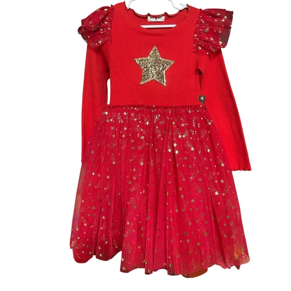 Petite Hailey Tutu Dress Girls 6 Red Excellent Gold Sequin Star Tulle Ruffle - Picture 2 of 4